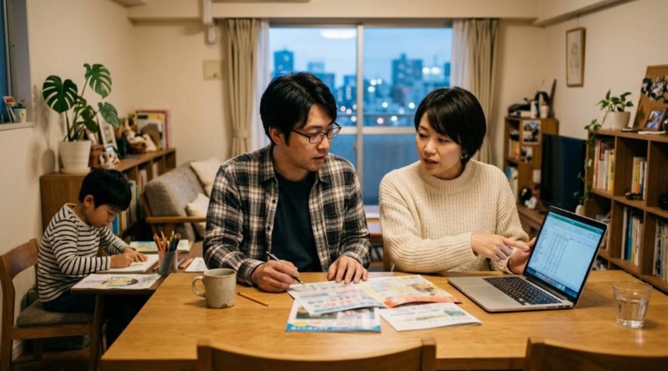 夜のリビングで、30代後半の日本人の両親がダイニングテーブルに学校のパンフレットとノートパソコンを広げて比べ、隣で小学生の息子が絵を描いている様子