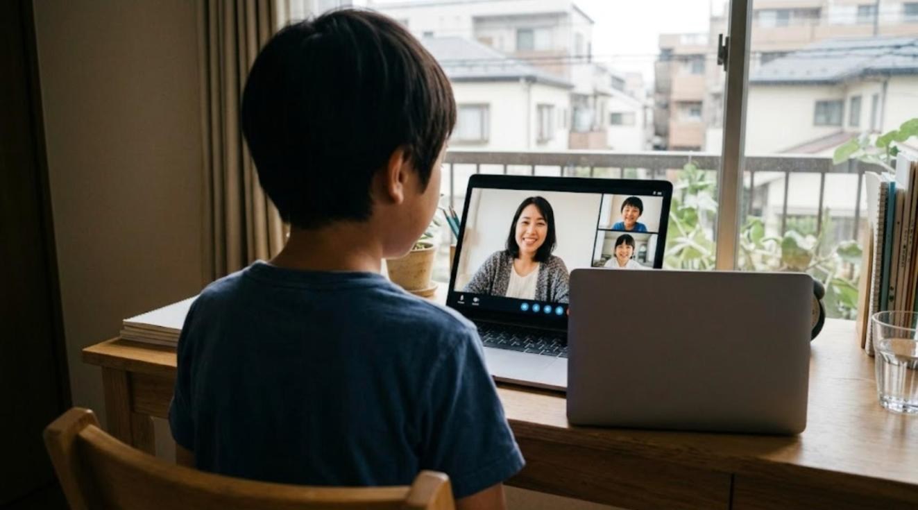 自宅の窓辺の机で、小学生の男の子がノートパソコンのビデオ通話で、笑顔の日本人の先生や同世代の子どもたちと話している午後の様子