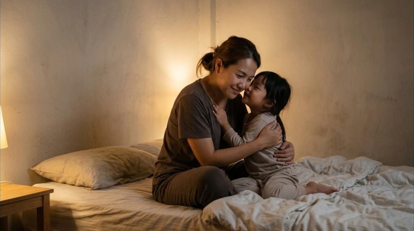 แม่ชาวไทยกอดลูกสาววัย 5 ขวบบนเตียงก่อนนอนใต้แสงโคมไฟอุ่น ลูกกระซิบประโยคน่ารักให้แม่ฟัง