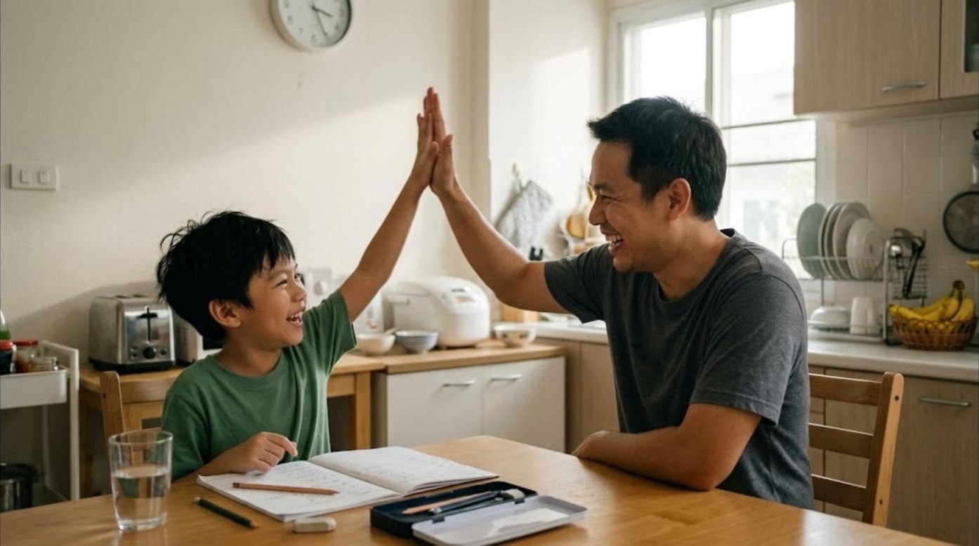 พ่อชาวไทยไฮไฟว์กับลูกชายวัย 7 ขวบที่ทำการบ้านเสร็จที่โต๊ะในครัว ทั้งสองหัวเราะอย่างมีความสุข