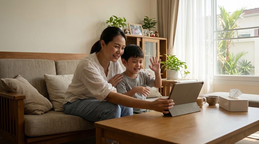 แม่ชาวไทยกับลูกชายวัย 5 ขวบนั่งบนโซฟาวิดีโอคอลกับคุณปู่คุณย่าที่ญี่ปุ่นผ่านแท็บเล็ต ลูกยิ้มและโบกมือ