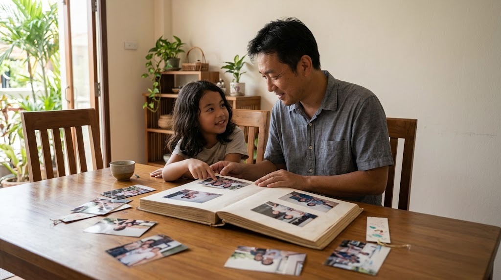 พ่อชาวญี่ปุ่นกับลูกสาวลูกครึ่งไทย-ญี่ปุ่นวัย 8 ขวบเปิดอัลบั้มรูปครอบครัวที่โต๊ะกินข้าวและชี้รูปคุยกัน
