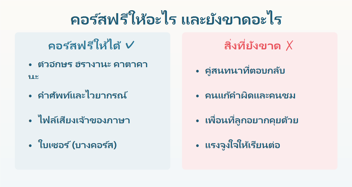 แผนภาพสิ่งที่คอร์สภาษาญี่ปุ่นฟรีให้ได้ คือตัวอักษร คำศัพท์ ไวยากรณ์ และสิ่งที่ขาดคือคู่สนทนา คนแก้คำผิด และเพื่อนที่อยากคุยด้วย