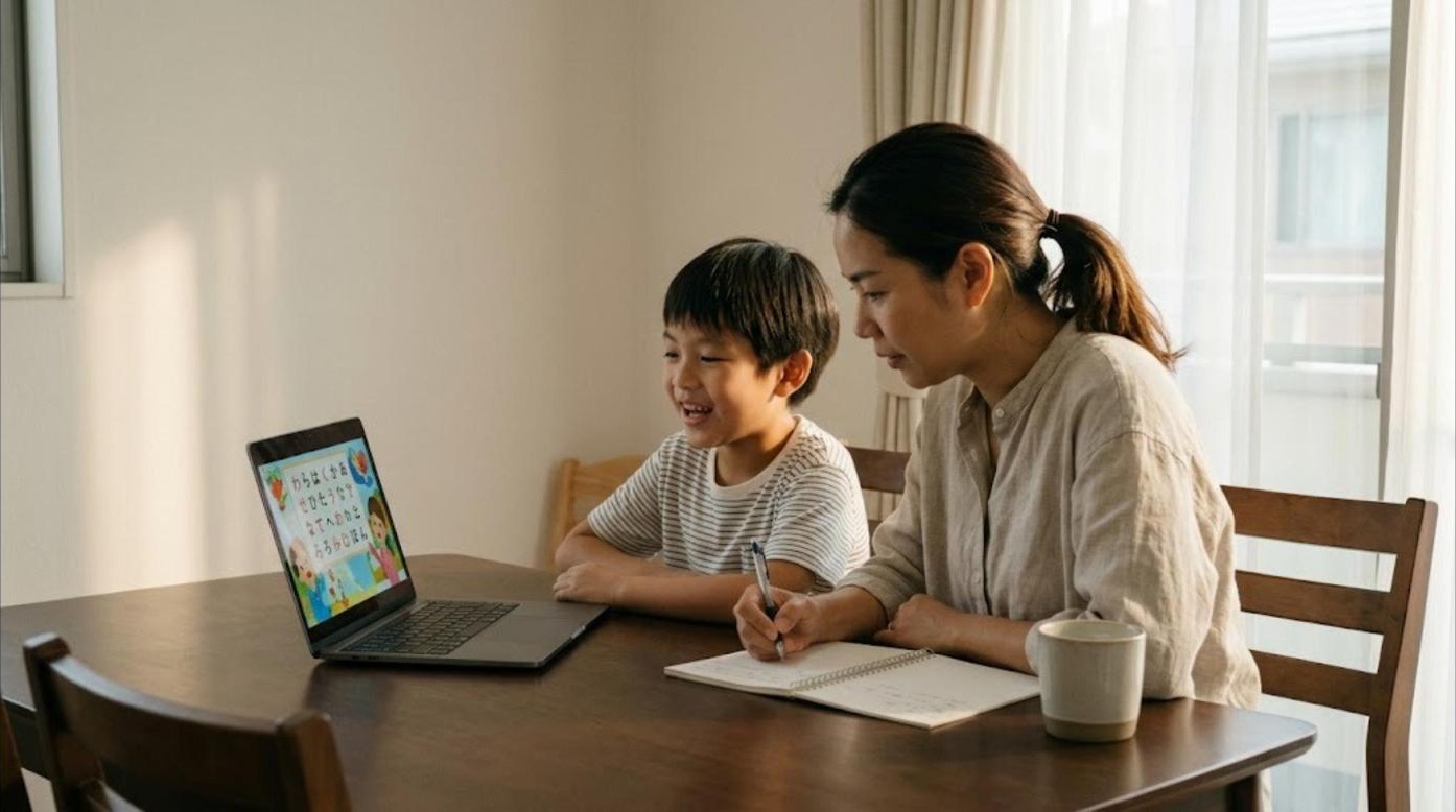 แม่ชาวไทยกับลูกชายวัย 8 ขวบนั่งดูวิดีโอบทเรียนภาษาญี่ปุ่นฟรีจากแล็ปท็อปที่โต๊ะกินข้าว ลูกพูดตามส่วนแม่จดโน้ต