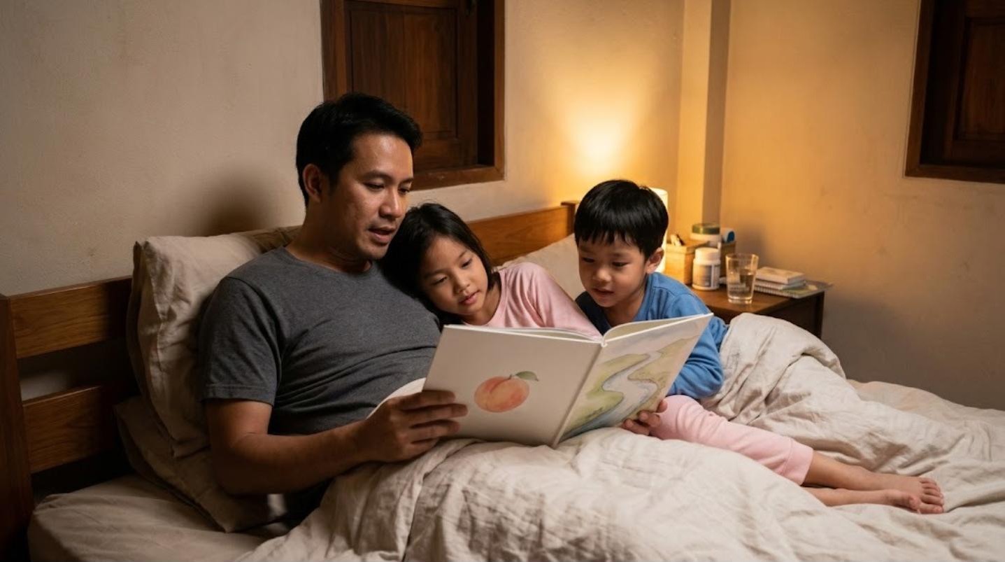 พ่อชาวไทยอ่านหนังสือนิทานภาพที่มีรูปลูกพีชให้ลูกสองคนฟังบนเตียงก่อนนอนใต้แสงโคมไฟอุ่น ๆ