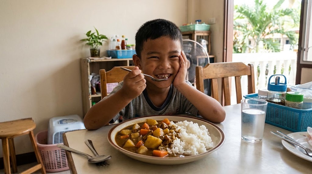 เด็กชายชาวไทยวัย 6 ขวบกินข้าวแกงกะหรี่ญี่ปุ่นที่โต๊ะอาหารในบ้าน ยิ้มกว้างและเอามือแตะแก้มทำท่าอร่อย