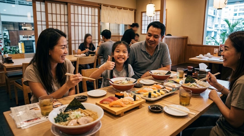 ครอบครัวชาวไทยพ่อแม่และลูกสาววัย 10 ขวบกินราเมนและซูชิที่ร้านอาหารญี่ปุ่นในกรุงเทพ ลูกสาวยิ้มและชูนิ้วโป้ง