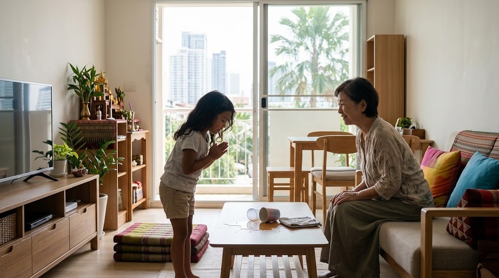 เด็กหญิงลูกครึ่งไทย-ญี่ปุ่นโค้งขอโทษคุณยายชาวญี่ปุ่นหลังทำชาหกในห้องนั่งเล่น คุณยายยิ้มอย่างใจดี