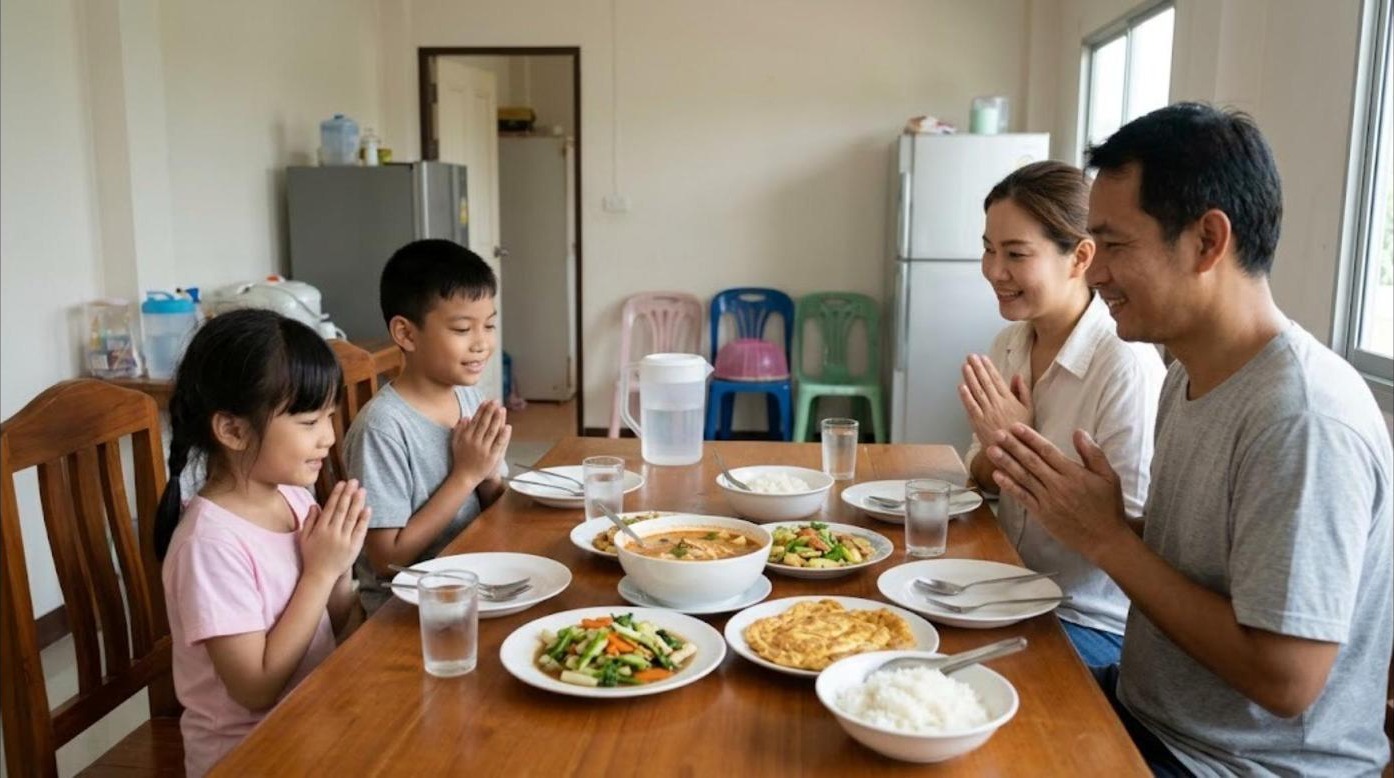 ครอบครัวชาวไทยพ่อแม่ลูกสี่คนนั่งที่โต๊ะอาหารในบ้าน เด็ก ๆ พนมมือก่อนกินข้าวแบบพูดว่าอิตาดาคิมัส