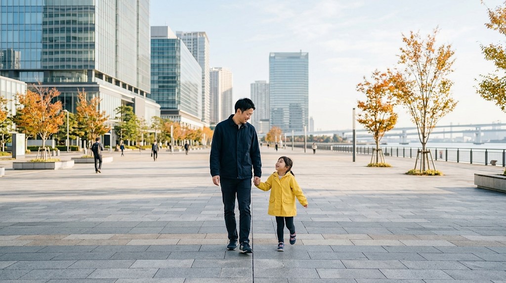 秋の朝、東京の新しい街の広場を、黄色い上着の女の子が父親と手をつないでスキップしながら歩いている様子
