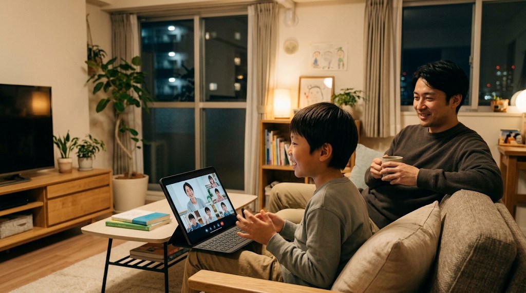 夜のリビングで、小学生の男の子がタブレットのオンライン日本語クラスで日本の先生や同世代の子どもたちと話し、隣で父親がほほえんで見ている様子