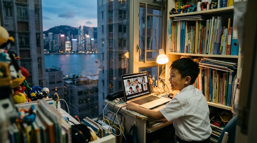 傍晚在港島家中窗邊書桌前上網上日文小組課的男孩，對著手提電腦畫面上的同齡孩子微笑，窗外是維多利亞港