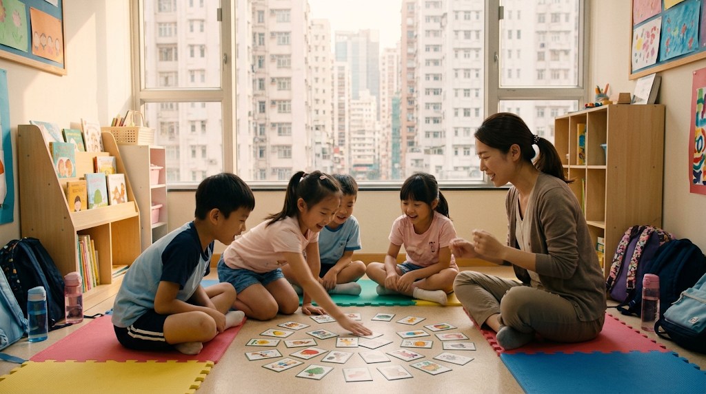 銅鑼灣兒童日文班的小班課情境：四個香港小學生坐在地墊上和日籍女老師玩日文圖卡遊戲，窗外是港島的高樓