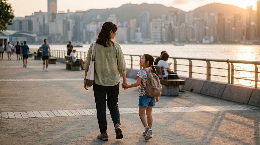 黃昏時媽媽牽著背書包的女兒沿著港島海濱長廊散步，女孩抬頭和媽媽聊天