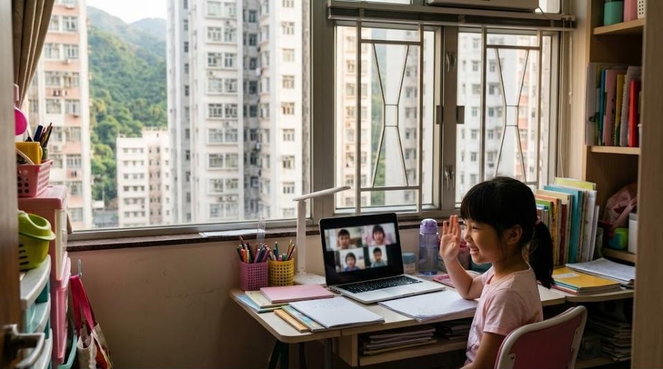 住在沙田高樓的女孩在窗邊書桌上網上日文小組課,對著手提電腦畫面上的同齡孩子揮手