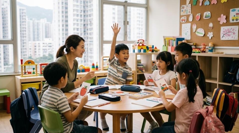 沙田兒童日文班的小班課情境:五個香港小學生圍著圓桌拿圖卡學日文,日籍女老師在旁微笑,一個男孩舉手