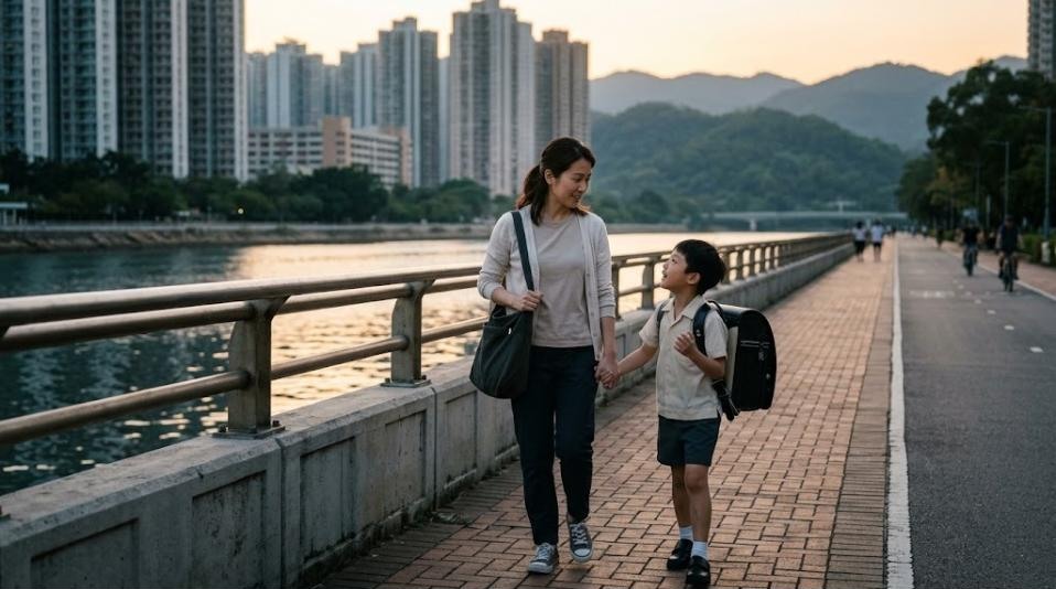 黃昏時媽媽牽著背書包的兒子沿著河邊單車徑走路回家,孩子抬頭和媽媽聊天