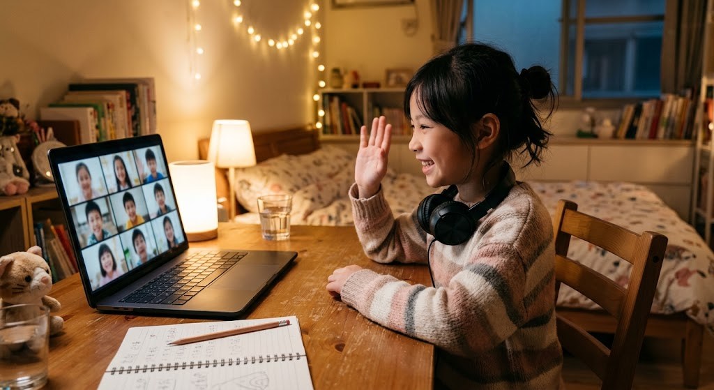在台中家裡上線上日語小組課的女孩，對著筆電畫面上的同齡孩子揮手打招呼