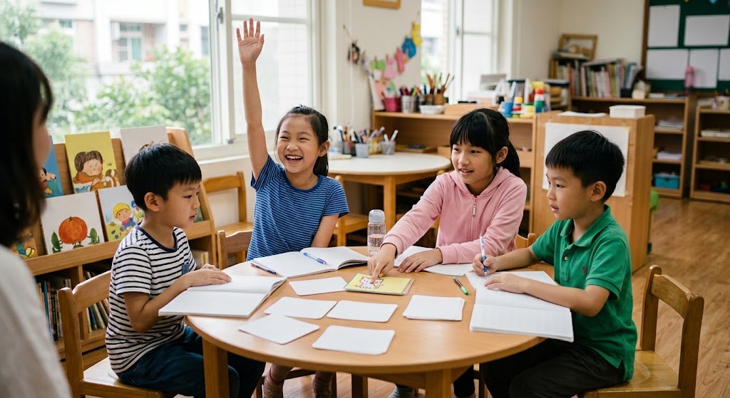 台中兒童日語小班課的情境：四個國小孩子圍著圓桌用圖卡練習日語，一個女孩笑著舉手