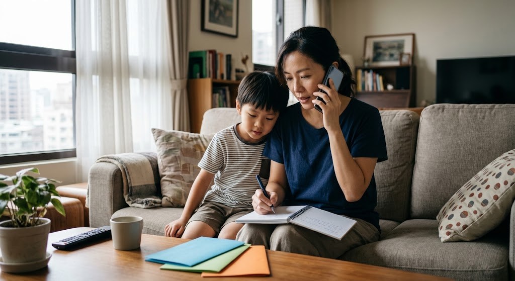媽媽一邊打電話詢問兒童日語教室、一邊做筆記，孩子靠在身邊一起看