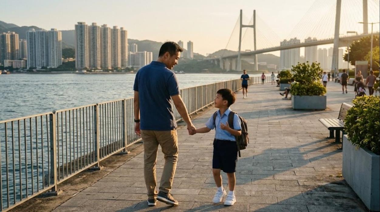 黃昏時爸爸牽著背書包的兒子走在海濱長廊,男孩抬頭和爸爸聊天,遠處是斜拉橋和住宅大廈