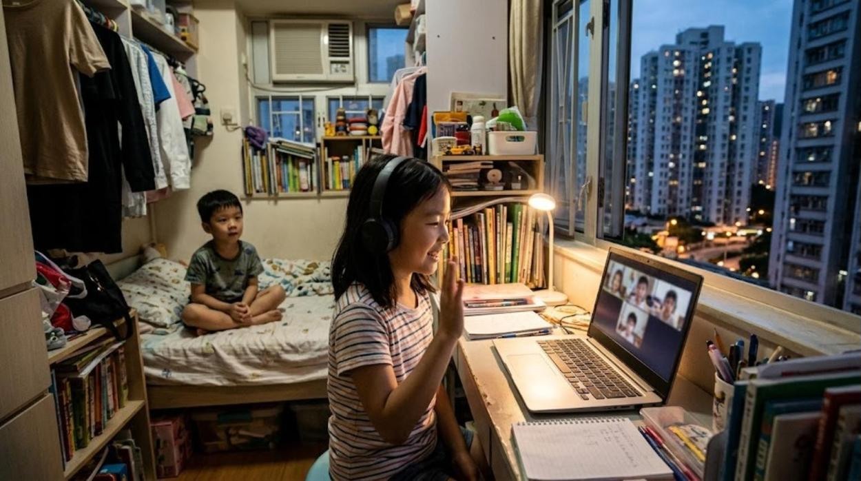 傍晚在荃灣家中窗邊書桌前上網上日文小組課的女孩,戴著耳機對手提電腦畫面上的同齡孩子揮手,弟弟坐在床上看著,窗外是亮燈的住宅大廈
