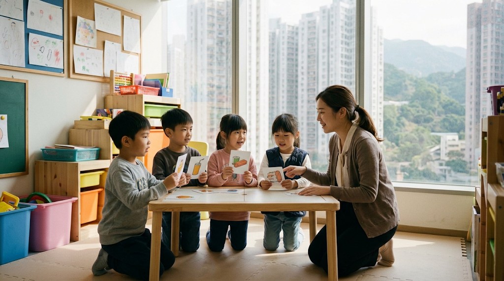 荃灣兒童日文班的星期六上午小班課情境:四個香港小朋友圍著矮桌拿著日文圖卡,日籍女老師跪在旁邊微笑引導,窗外是荃灣的住宅大廈和綠色山坡