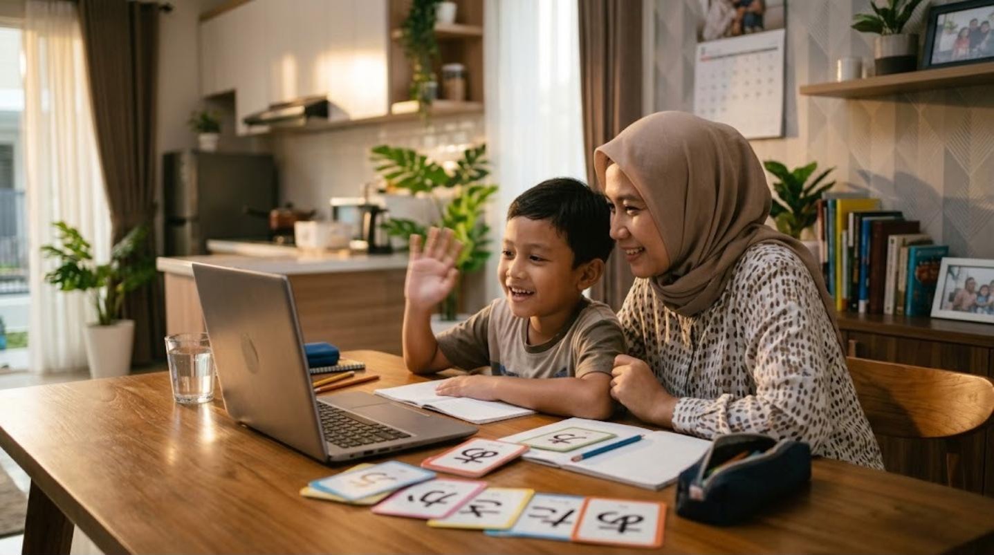 Ibu berhijab dan anak laki-lakinya di Cikarang melambaikan tangan ke kelas bahasa Jepang online di meja makan dengan kartu hiragana