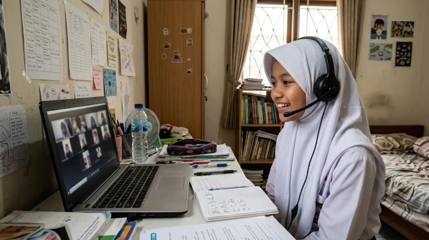 Siswi berhijab putih di Cikarang memakai headset dan tersenyum saat berbicara dalam kelas bahasa Jepang online berkelompok