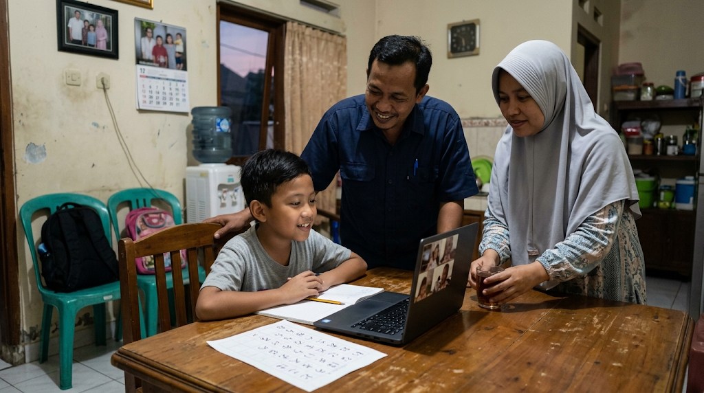 Anak laki-laki di Karawang belajar bahasa Jepang online di meja makan, ayahnya berseragam kerja pabrik dan ibunya berhijab abu-abu ikut menemani