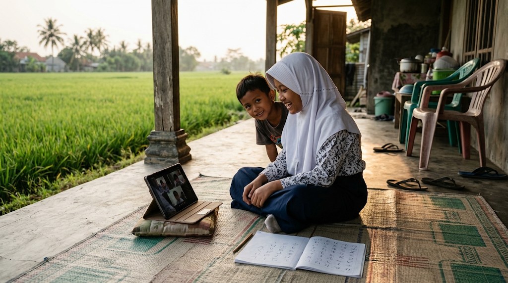 Anak perempuan berhijab putih di teras rumah dengan latar sawah Karawang tertawa saat berbicara bahasa Jepang lewat video call kelas kecil, adiknya ikut melihat