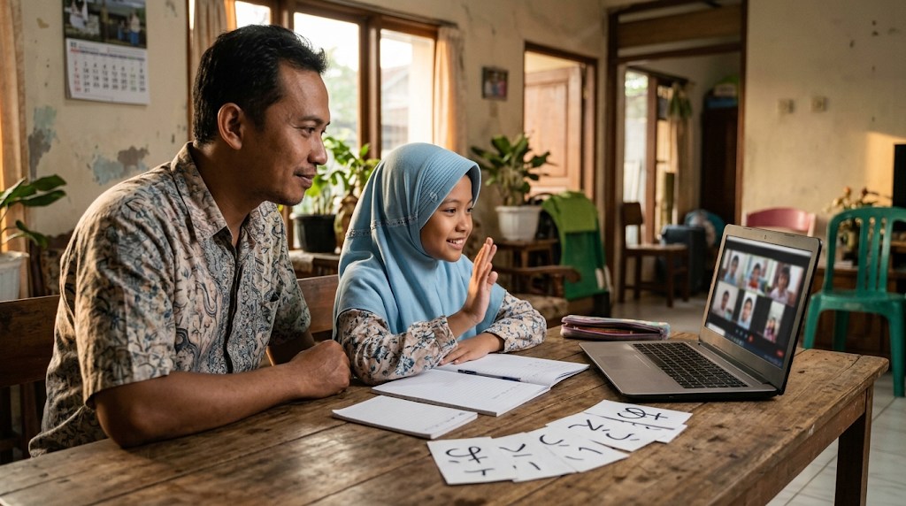 Ayah dan anak perempuan berhijab biru muda di Serang melambaikan tangan ke kelas bahasa Jepang online di meja kayu dengan kartu hiragana
