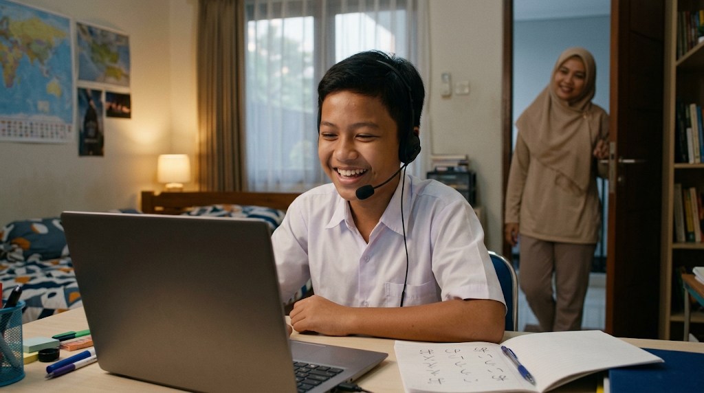 Siswa SMP di Cilegon memakai headset dan tertawa saat berbicara di kelas bahasa Jepang online kecil, ibunya berhijab melihat dari pintu