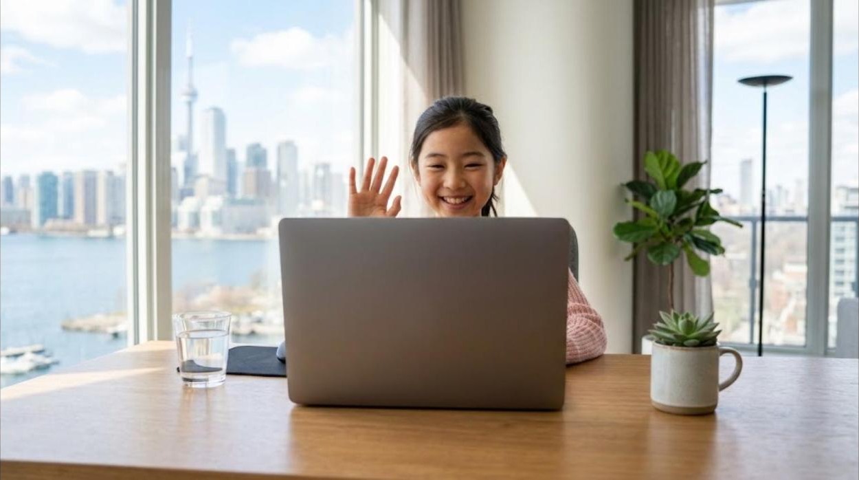 A girl smiles and waves during an online group lesson at a desk by a window in a Toronto condo on a bright morning