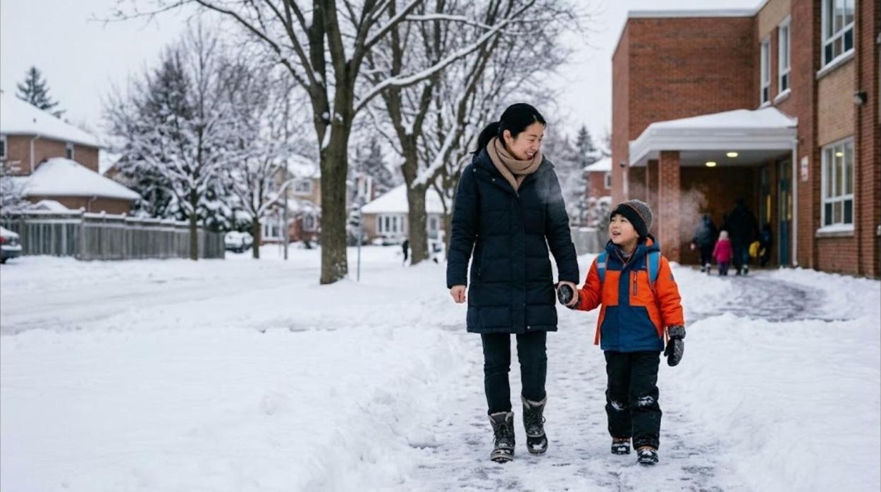 A mother and her son in winter coats walk along a snowy suburban Toronto sidewalk toward a school on an early Saturday morning