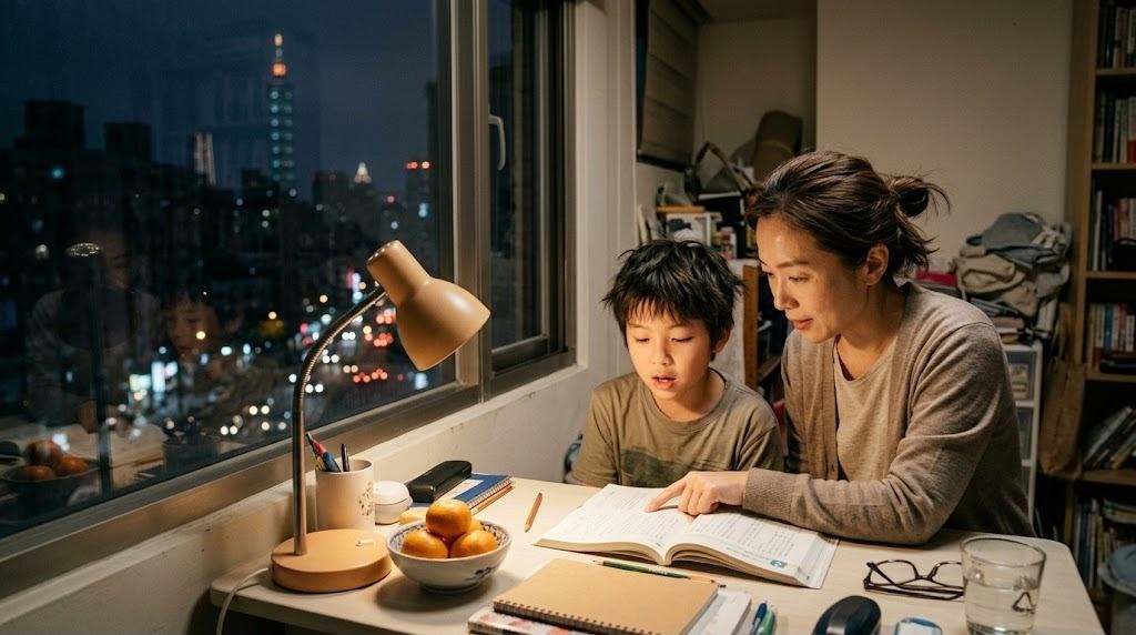 A Japanese mother and her son read a Japanese textbook together at a desk by a window in a Taipei apartment at night, Taipei 101 glowing in the distance