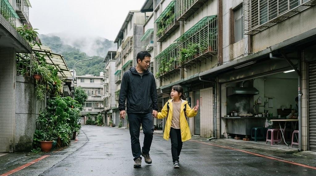 A Taiwanese father and his daughter in a yellow jacket walk hand in hand down a quiet wet lane of low apartment buildings with green balconies in Tianmu, Taipei, misty hills behind