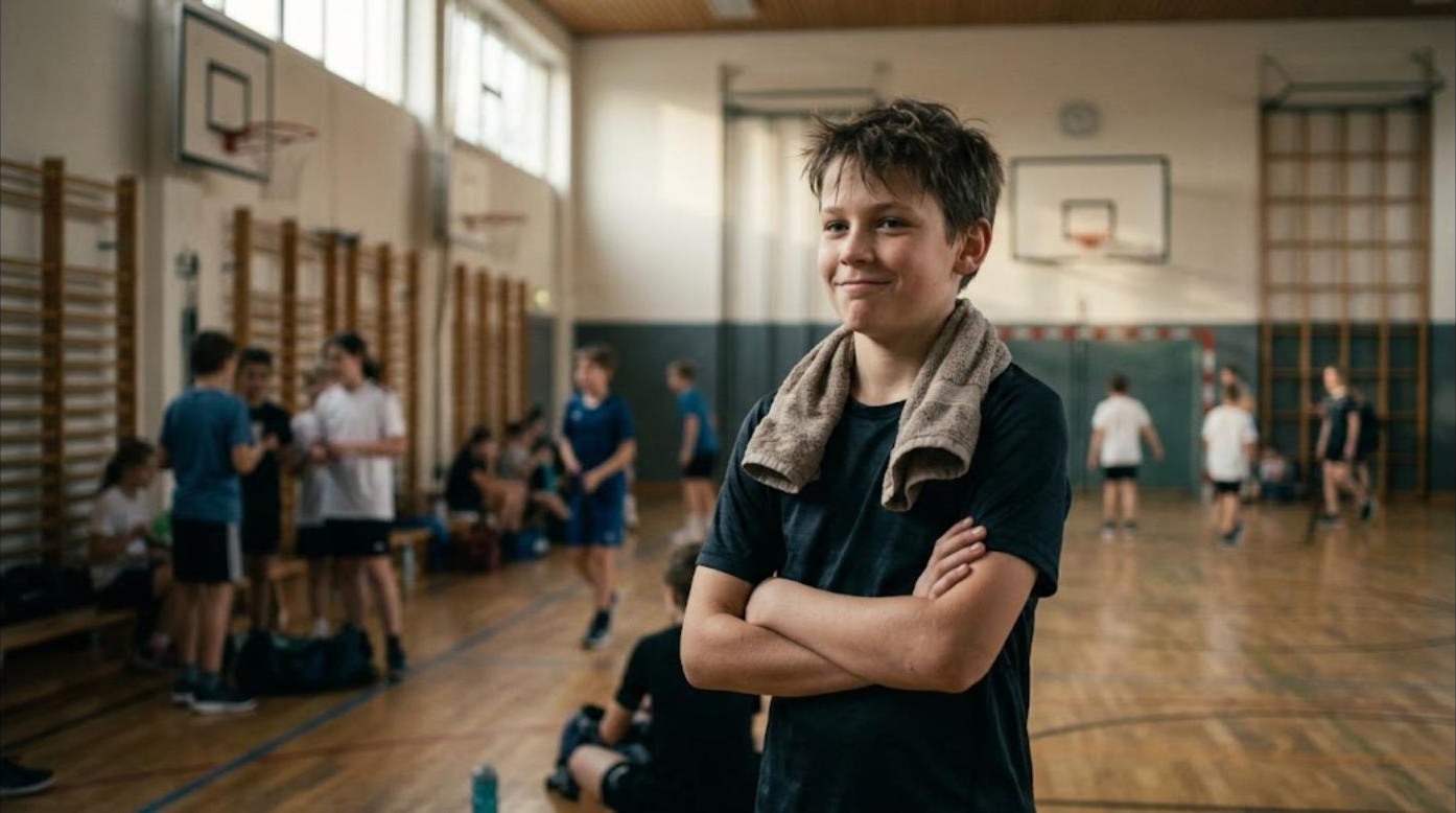 A boy with crossed arms and a confident smirk standing in a school gym after training