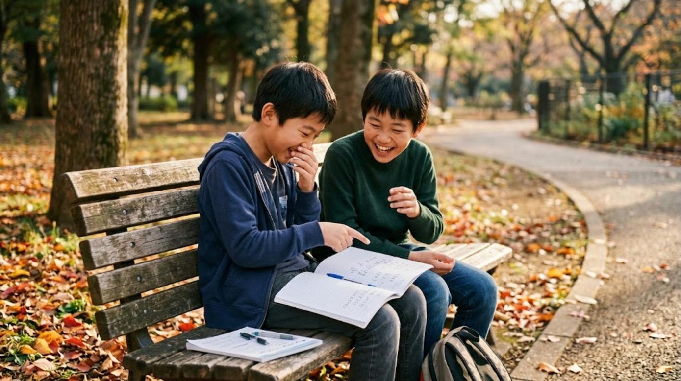Two boys laughing while practising Japanese phrases from a notebook on a bench