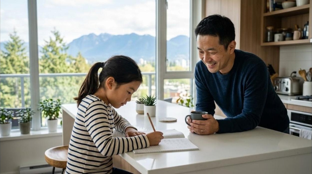 A girl writes hiragana in a notebook at a kitchen island in a bright Vancouver apartment while her father watches with a coffee mug
