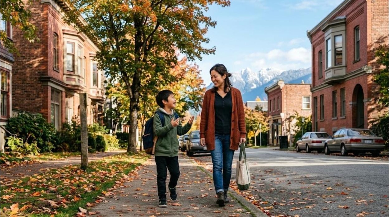 A mother and her son with a backpack walk along a leafy street of old brick buildings in East Vancouver on a sunny autumn Saturday, mountains in the distance