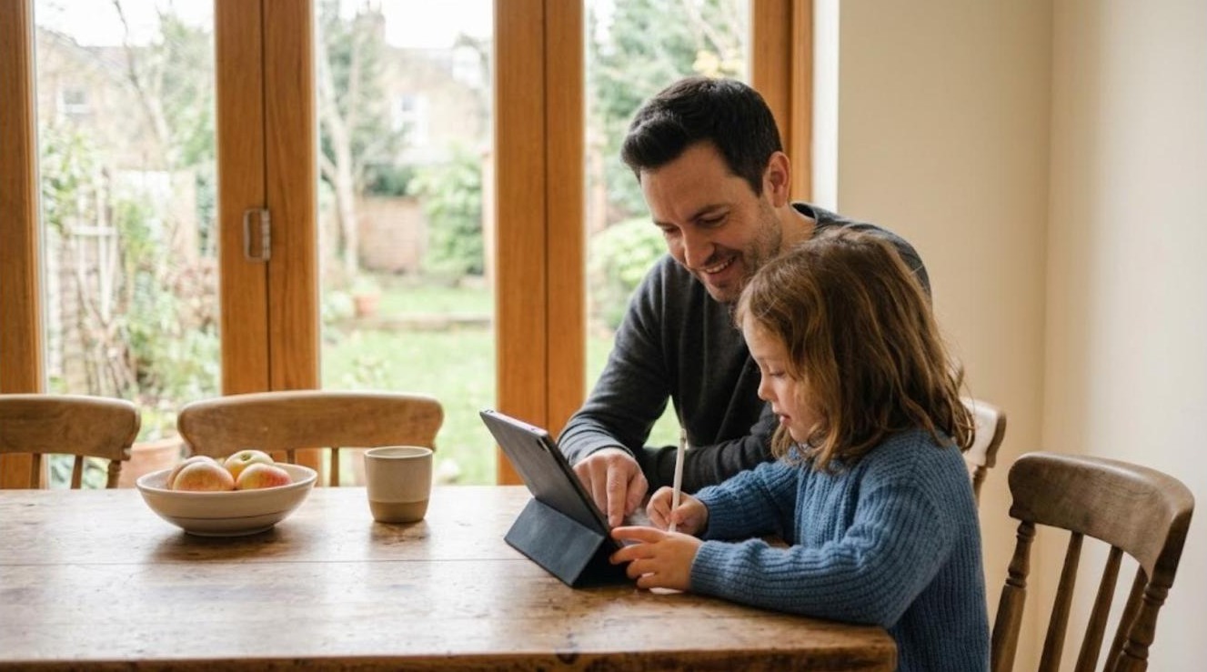 A young girl tracing on a tablet with a stylus at a wooden kitchen table while her father leans in and smiles