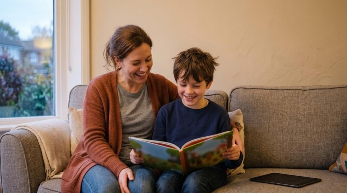 A mother and her son laughing together on a sofa as he reads a picture book aloud, with a tablet switched off beside them