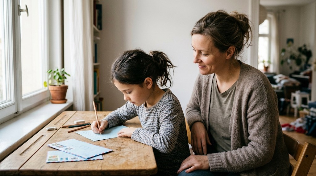 A girl writing a letter on light blue airmail paper at a wooden desk while her mother sits beside her and smiles