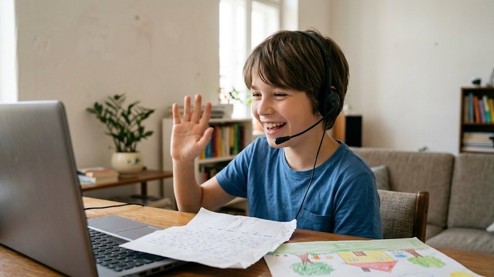 A boy wearing a headset laughs and waves at his laptop during a live online lesson, with a handwritten letter and a drawing on the desk