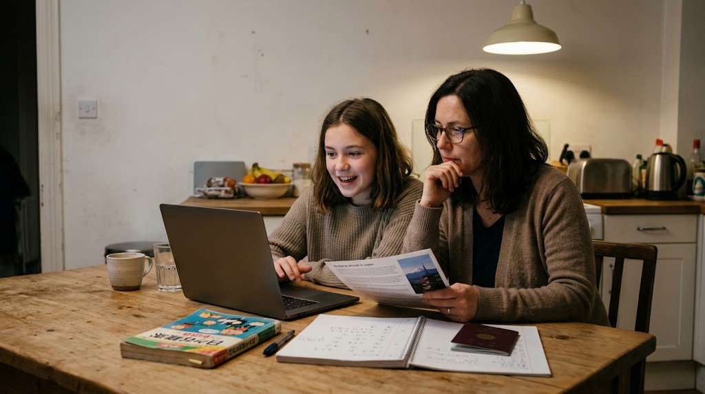 A teenage girl and her mother at a kitchen table looking at a laptop and a brochure about studying in Japan, with a Japanese textbook, a hiragana notebook and a passport on the table