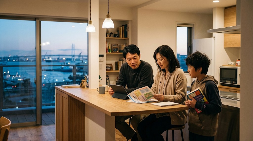 夕暮れの横浜の港が見えるマンションのキッチンカウンターで、海外から帰国した日本人の両親が学校案内とタブレットを見比べ、隣で息子が英語の本を持っている様子
