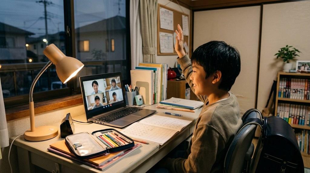 夜、窓辺の机で、海外育ちの小学生の男の子がノートパソコンのオンライン日本語クラスで手を挙げ、日本人の先生や同世代の子どもたちと笑顔で話している様子