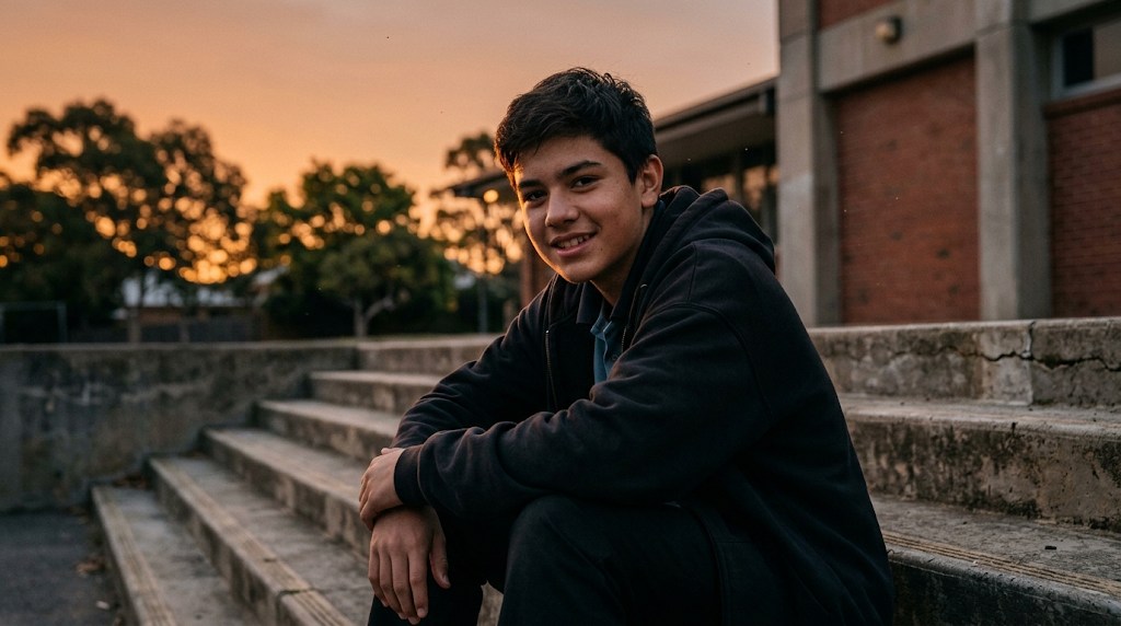 A teenage boy in a hooded jacket sitting on school steps at dusk, looking ahead with a determined smile
