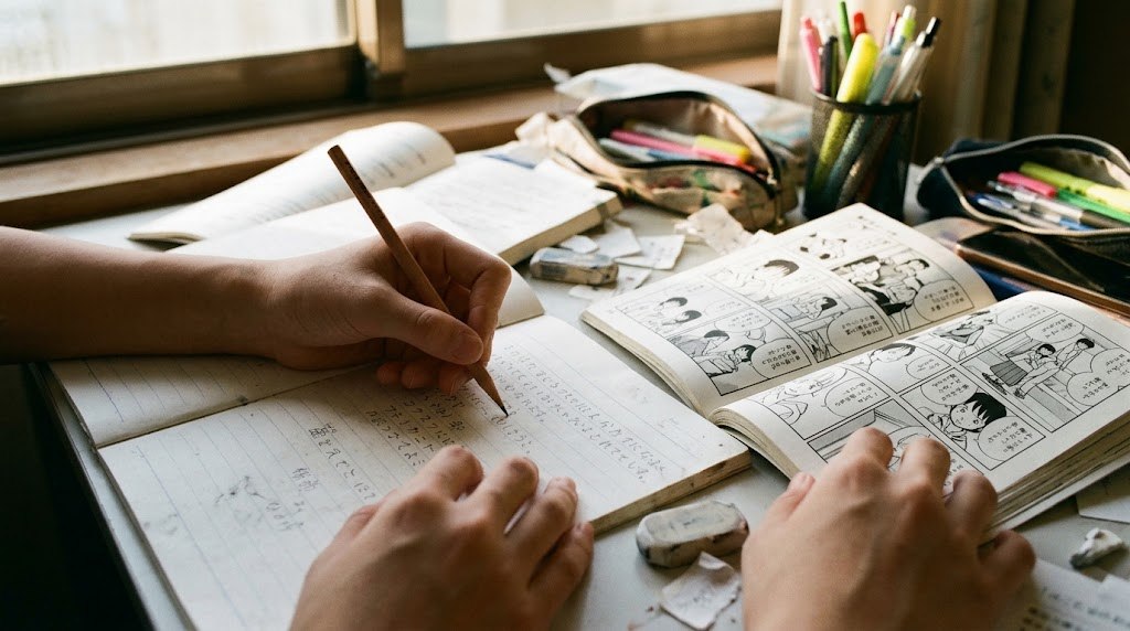 A teenager writing Japanese sentences in a notebook beside an open manga at a desk